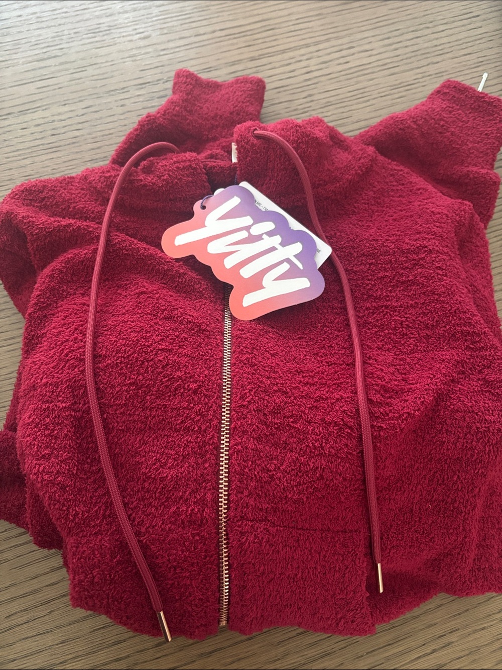 Fabletics YITTY Red Hooded Terry Zip Jacket with Gold-Tone Trim